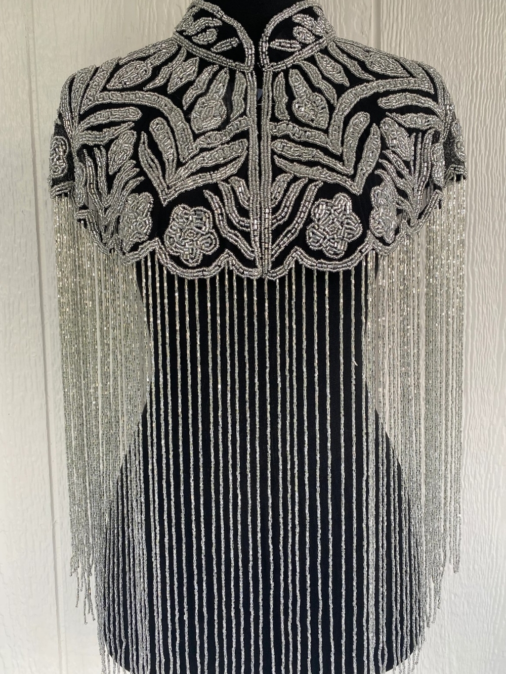 Embellished Black Fringe Evening Dress with Silver Beading